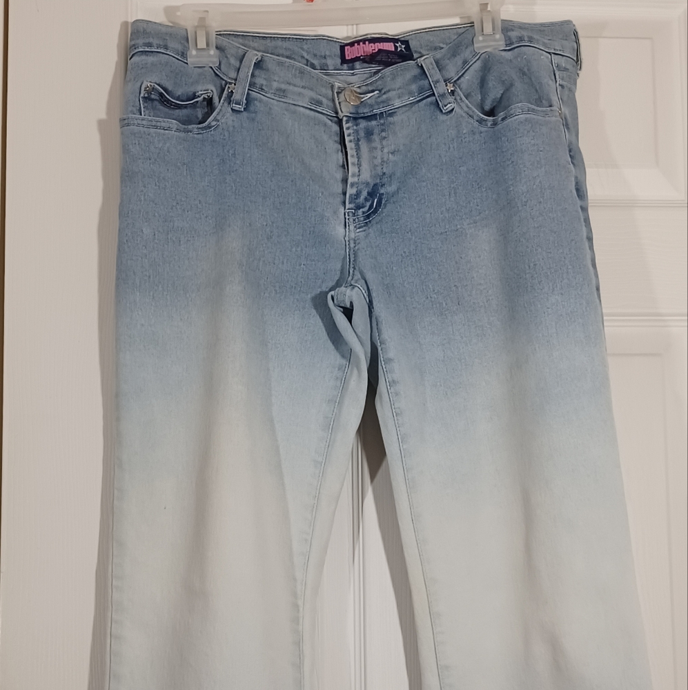 VTG Y2K BUBBLEGUM Jeans Size 11/12  Flare raw hem worn light wash USA